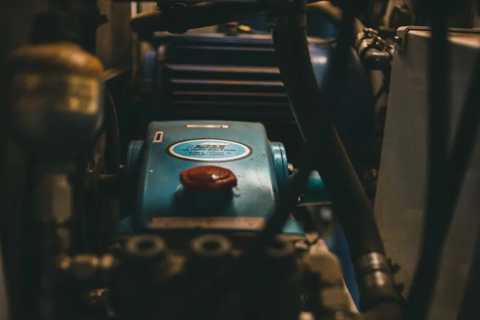 Detailed view of a blue industrial engine with mechanical parts and hoses.